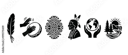 Native American Cultural Icons Set, Tribal Symbols for Indigenous Heritage, Drumming, Feather, Earth Care, Nature Landscape, Ethnic Geometric Art Elements for Traditional Graphics and Branding Project