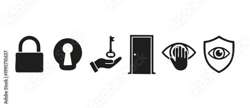 Security and Privacy Icon Set, Data Protection and Cyber Security Symbols with Padlock Keyhole Door and Biometric Scanner for Digital Access Control Concepts and Information Safety Solutions Isolated