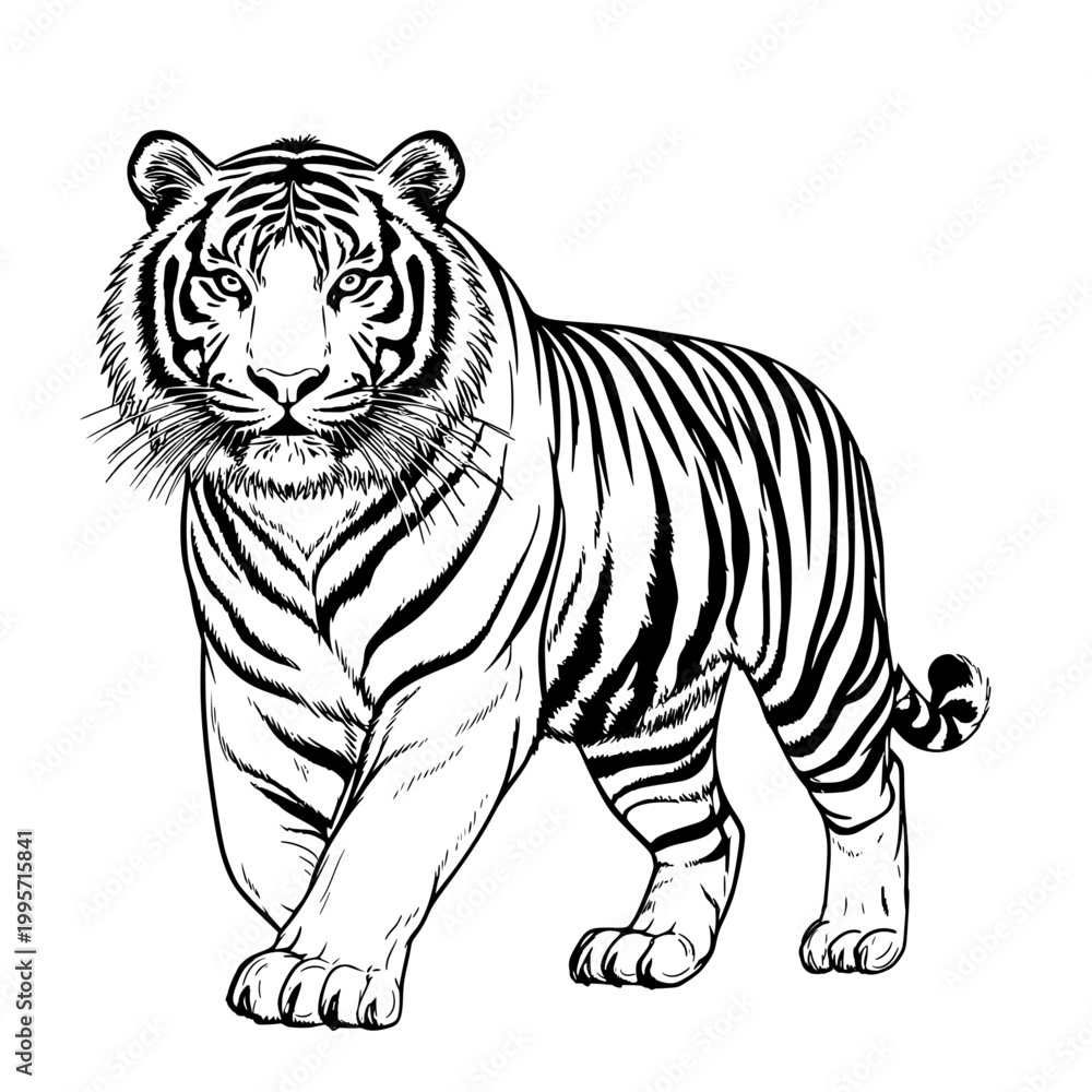 Obraz premium Tiger, simple black and white sketch. Vector illustration. Predatory animal of the taiga and America, isolated on a white background