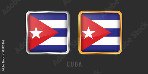 High-quality square gold and silver labels with the flag of Cuba. Premium metallic emblems for Cuban products, exports, and national origin certification.