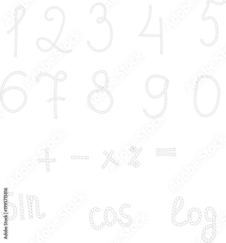 Numbers and formulas made from rope, simple line drawing. Vector illustration. Set isolated on white background. Not AI.