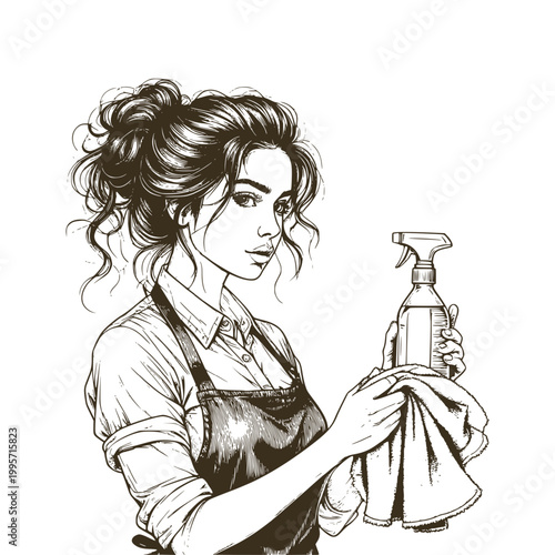 A maid with a duster and dispenser, black and white sketch. Vector illustration. A housewife cleaning the house, isolated on a white background.