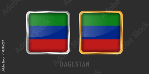 Square gold and silver labels featuring the flag of the Republic of Dagestan. High-quality metallic emblems for regional identification and manufacturing origin.