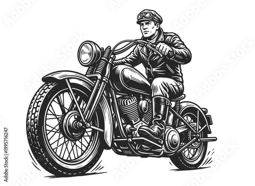 Vintage Motorcyclist Riding Classic Bike in Action. Hand drawn vintage engraved, vector illustration.