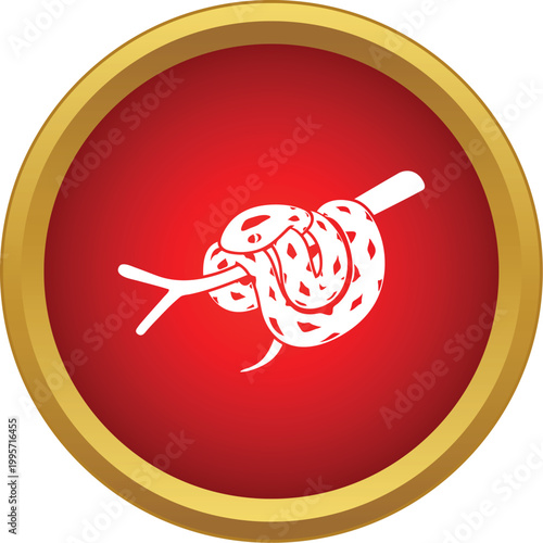 Snake animal, a red circle with golden border featuring a white snake wrapped around a branch