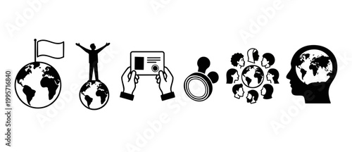 Global Business Icons Set, International Communication Concepts, Human Connection Symbols for Corporate Branding, World Map Graphics, Social Networking and Identity Vectors on White Background for Pro