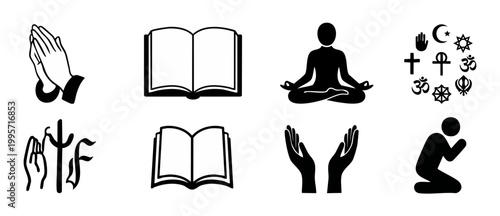Religion and Spirituality Icon Set, Religious Symbols and Worship Icons, Meditation Yoga and Prayer Hands Vector Graphic for Website UI, Church Cross, Holy Book, Zen Posture, Diverse Faith Collection