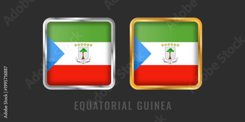 High-quality square gold and silver labels with the Equatorial Guinea flag. Professional metallic icons for local products, exports, and manufacturing origin certification.