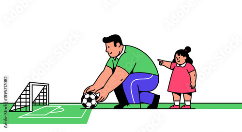 Father and Daughter Playing Soccer Together on a Green Field.
