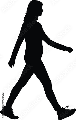 Side view walking woman silhouette in motion isolated on white background representing movement, active lifestyle and modern female daily activity