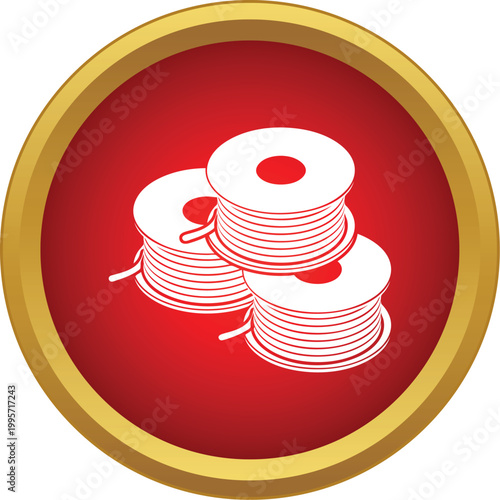 Three white solder wire spools on a red circle with gold ring