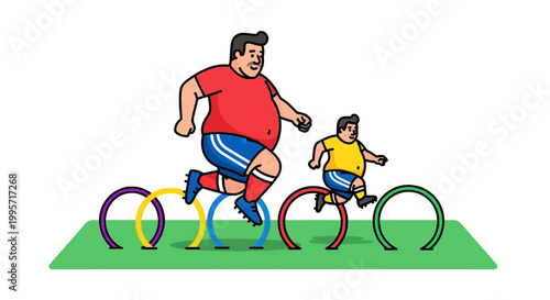Father and Son Jumping Over Colorful Hoops in Playful Activity.