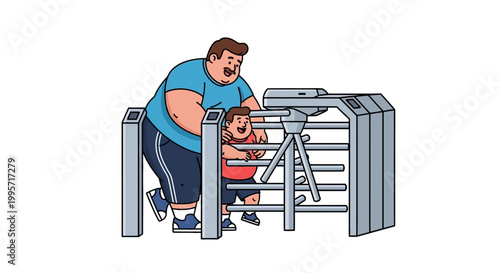 Father and Son Passing Through Turnstile Together, Happy and Smiling.