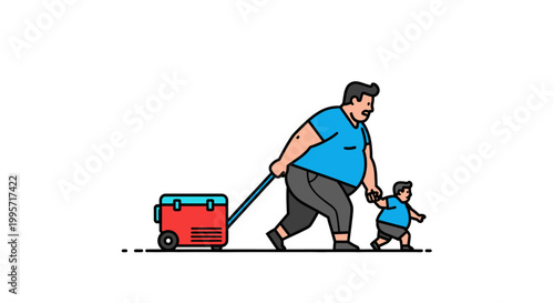 Father and Son Walking Together with a Red Cooler for Picnic.