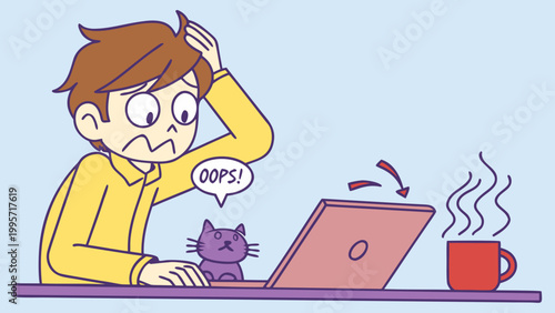 Oops moment with laptop mistake and funny cat distraction illustration