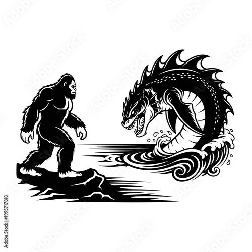 Bigfoot vs Sea Monster, Mythical Creatures Battle, Fantasy Illustration