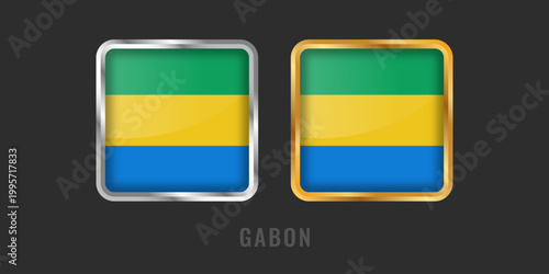 High-quality square gold and silver framed Gabon flag labels. Premium Gabonese icons for exports, products, and origin certification.