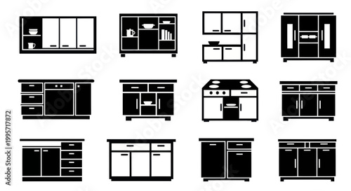 Kitchen Furniture Icons Set - Cabinets, Shelves, Drawers, Stove - Black and White