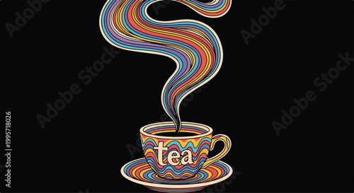 Psychedelic Tea Cup Illustration with Colorful Rainbow Steam Waves on Black Background, Retro Pop Art Vector Style