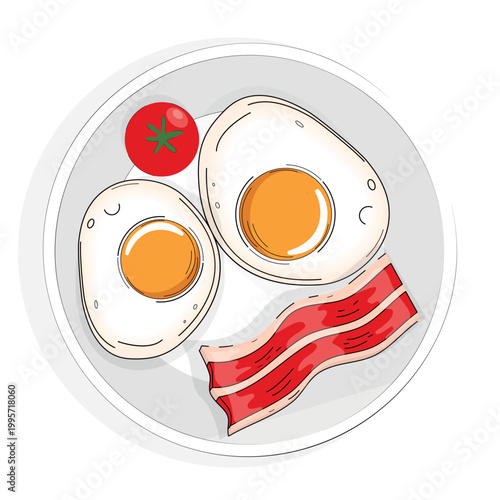 An image of a delicious and fun breakfast with fried eggs and crispy bacon strips.