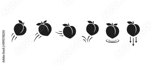 Peach icon set with motion, falling, and bouncing animation steps for web design, flat black vector illustration of fruit movement sequence representing trajectory and impact phases isolated on white