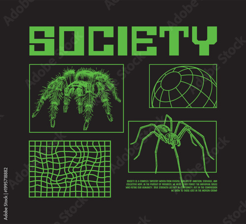 Tableau sur toile Vector illustration streetwear of Spider and society text for T-Shirt design wit