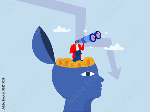 Businessman look on telescope falling down red arrow graph in the future. investor,Stock market forecast downfall, vision to see future economic crisis  vector