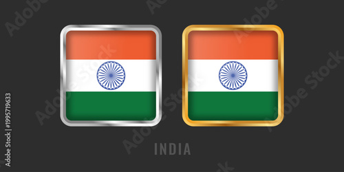 High-quality square gold and silver labels with the flag of India. Premium Bharat icons for Indian products, export certification, and manufacturing origin.
