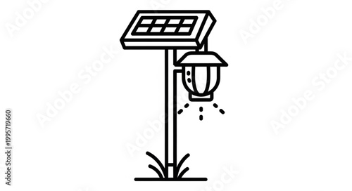 Clean energy outdoor lighting solution represented by a simple line art icon illustrating a solar panel powered garden lamp illuminating the night