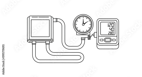 Illustration of a blood pressure monitor and meter showing readings, symbolizing health check and medical technology