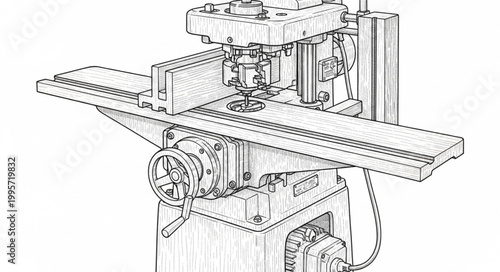 Detailed illustration of a mortising machine, a woodworking tool used for cutting mortises