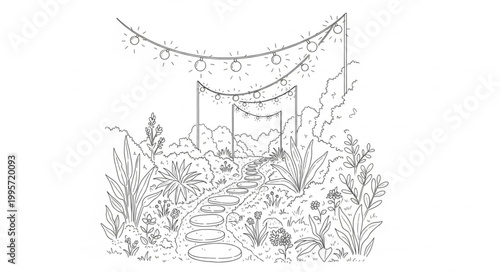 Whimsical Garden Path with String Lights and Lush Foliage - Line Art Illustration