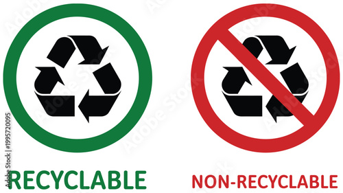 Recyclable and non recyclable symbols indicating waste sorting and environmental responsibility vector illustration set, eco friendly recycling classification icons, sustainability concept for garbage