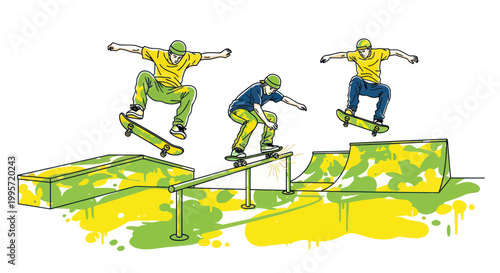 Skate Park Action: Three Skaters Performing Tricks on Ramps and Rails