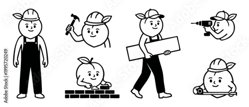 Peach construction worker mascot set, cute cartoon fruit builder character holding tools, DIY home renovation and carpentry icons in black and white flat line art style for vector web design projects.
