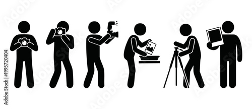 Photographer Icon Set, People Taking Photos and Developing Film Pictures, Creative Photography Process Vector Illustration for Professional Studio Branding, Marketing, Social Media, and Digital Conten