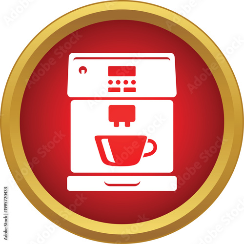 Coffee machine creating hot beverage in a golden framed red circle icon