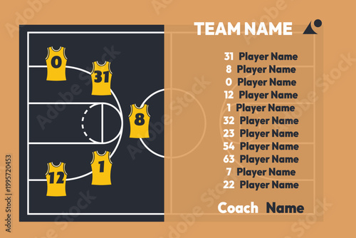 Basketball starting lineup infographic template with team roster, player jerseys on court and coach name, vector illustration