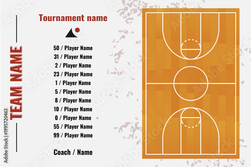 Basketball team roster lineup template with court top view, player list infographic for sports tournament, vector illustration