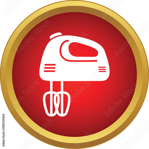 White electric hand mixer with beaters in a red and gold circle icon