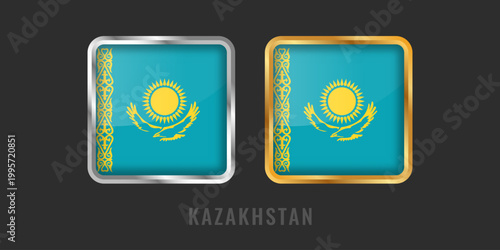 High-quality square gold and silver labels with the flag of Kazakhstan. Premium Kazakh icons for exports, products, and manufacturing origin certification.