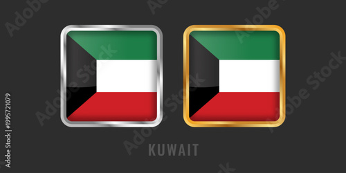 High-quality square gold and silver labels with the flag of Kuwait. Premium Kuwaiti icons for exports, products, and manufacturing origin certification.