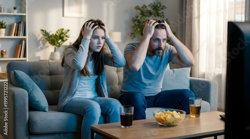 Stressed father and daughter watching sports match on TV