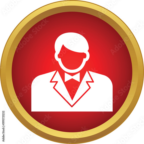 Waiter, server, or concierge man wearing a tuxedo and bow tie icon in a red button