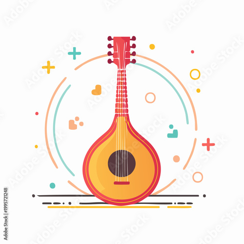 Flat illustration of a mandolin with abstract decorative elements