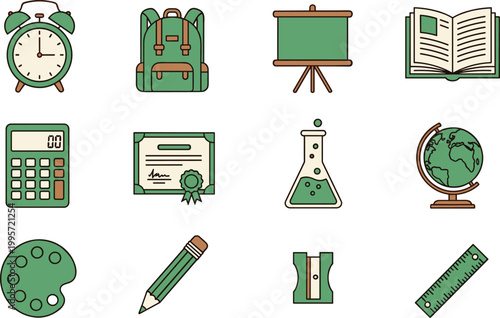 Collection of Green Education and School Icons Including Clock, Backpack, Book, Calculator, and Globe