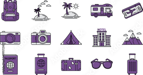 Set of Purple Travel and Vacation Icons Including Backpack, Camera, Passport, Luggage, and Mountains