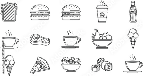 Set of black and white vector icons representing various foods and drinks, including sandwiches, burgers, coffee, ice cream, and pizza