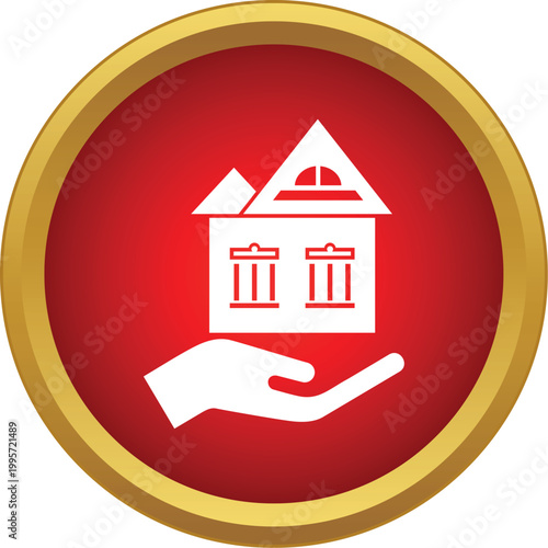 Hand supporting a home inside a red circular button with gold border