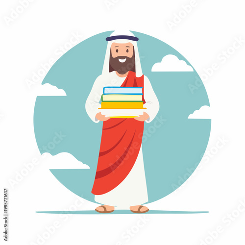 Man in traditional clothing holding books